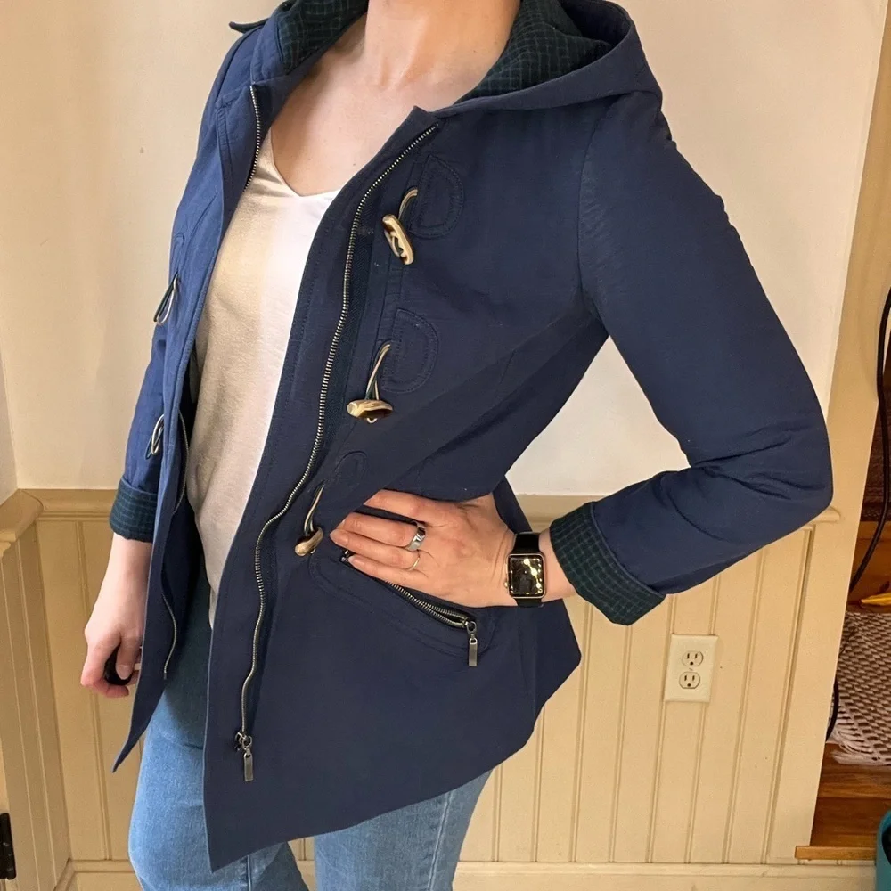 ANTHROPOLOGIE CARTONNIER Navy Blue Brown Toggle Hooded Cadet Coat Zip Jacket S